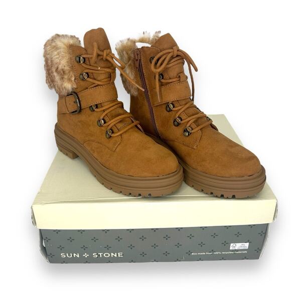 NWT Sun + Stone brown winter booties size 5.5 Sherpa suede tan brown boots NEW - Picture 3 of 15